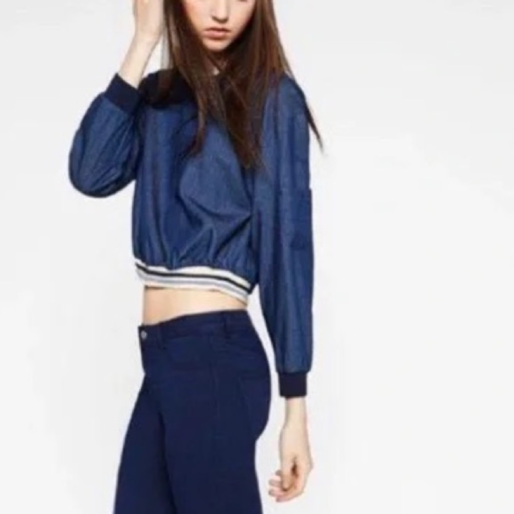 ZARA Trafaluc denimwear Denim Long Sleeve Back Buttons Cropped Top Sz M - Picture 4 of 12
